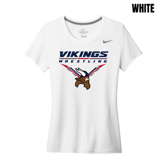 Seaman Vikings Wrestling Warrior Women's rLegend Tee mockup featuring VIKINGS and WRESTLING lettering, a Viking head, and cardinal red and navy accents.