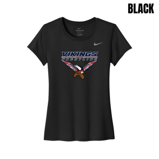 Seaman Vikings Wrestling Warrior Women's rLegend Tee mockup featuring VIKINGS and WRESTLING lettering, a Viking head, and cardinal red and navy accents.