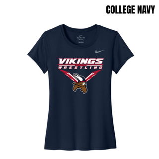 Seaman Vikings Wrestling Warrior Women's rLegend Tee mockup featuring VIKINGS and WRESTLING lettering, a Viking head, and cardinal red and navy accents.