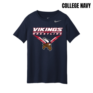 Seaman Vikings Wrestling Warrior Youth rLegend Tee mockup featuring VIKINGS and WRESTLING lettering, a Viking head, and cardinal red and navy accents.