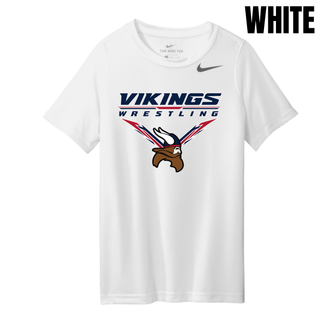 Seaman Vikings Wrestling Warrior Youth rLegend Tee mockup featuring VIKINGS and WRESTLING lettering, a Viking head, and cardinal red and navy accents.