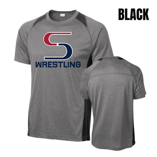 Heather grey colorblock Contender tee with black panels, front and back, with the red and navy S mark above Wrestling in navy and a blank back