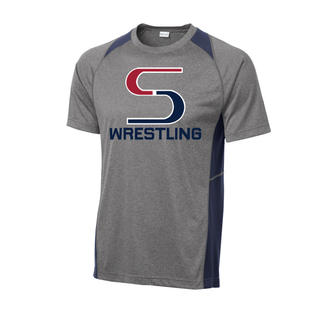 Heather grey colorblock Contender tee with navy panels at the shoulders and sides and the red and navy S mark above Wrestling in navy