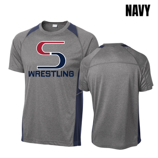 Heather grey colorblock Contender tee with navy panels, front and back, with the red and navy S mark above Wrestling in navy and a blank back