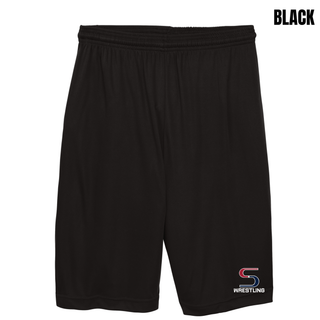 Black cooling performance shorts with the red and navy S Wrestling logo in white lettering near the hem of the leg