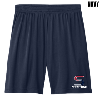 Navy cooling performance shorts with the red and navy S Wrestling logo in white lettering near the hem of the leg