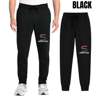 Black core fleece joggers with the red and navy S Wrestling logo in white lettering on the leg, shown on a model and flat