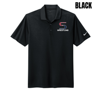 Black Nike Dri-FIT Micro Pique polo with the red and navy S mark above Wrestling in white printed on the left chest