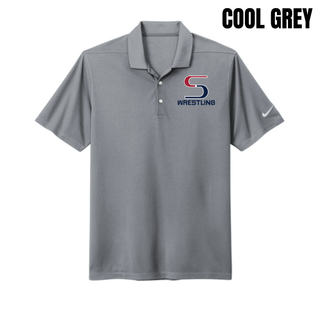 Cool grey Nike Dri-FIT Micro Pique polo with the red and navy S mark above Wrestling in navy printed on the left chest