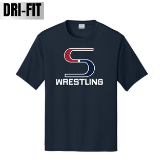 Deep navy Dri-Fit tee with a red and navy S logo outlined in white and Wrestling in white block lettering on the chest