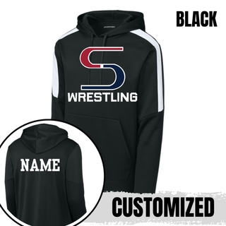 Black colorblock hoodie with the S Wrestling design on the front and a white name printed on the back, labeled customized