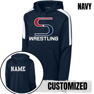 Navy colorblock hoodie with the S Wrestling design on the front and a white name printed on the back, labeled customized