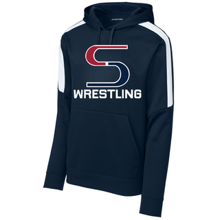Navy Sport-Tek colorblock hooded pullover with white shoulder panels and a red and navy S mark outlined in white above Wrestling in white block lettering