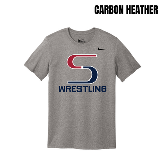 Carbon heather Nike men's rLegend tee with the red and navy S mark outlined in white above Wrestling in navy block lettering