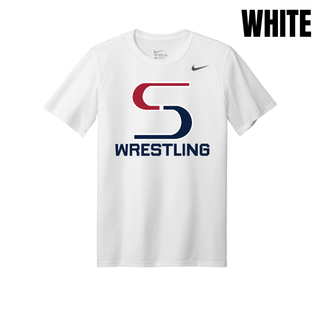 White Nike men's rLegend tee with the red and navy S mark above Wrestling in navy block lettering