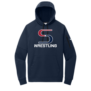 Navy Nike Therma-FIT pocket pullover hoodie with black drawcords, a zippered sleeve pocket and the red and navy S mark above Wrestling in white