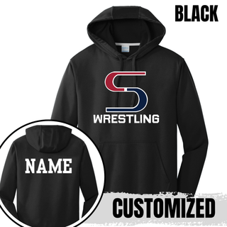 Black performance hoodie with the S Wrestling logo on the front and a white name printed on the back