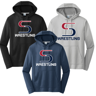 Black, Silver, and Deep Navy performance fleece hoodies with the red and navy S Wrestling logo on the front