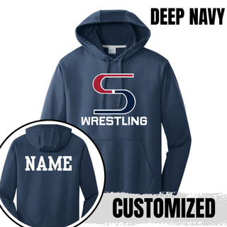 Deep Navy performance hoodie with the S Wrestling logo on the front and a white name printed on the back