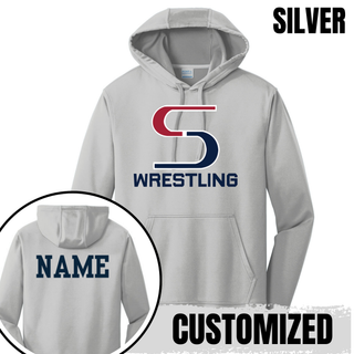 Silver performance hoodie with the S Wrestling logo on the front and a navy name printed on the back
