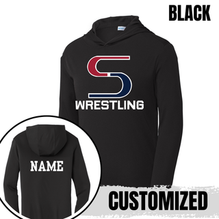 Black PosiCharge hooded pullover with the S Wrestling logo in white on the front and a white name on the back