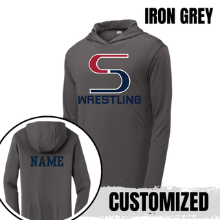 Iron Grey PosiCharge hooded pullover with the S Wrestling logo in navy on the front and a navy name on the back
