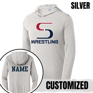 Silver PosiCharge hooded pullover with the S Wrestling logo in navy on the front and a navy name on the back