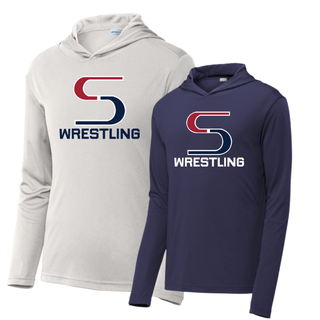 Silver and True Navy PosiCharge hooded pullovers with the red and navy S Wrestling logo on the front
