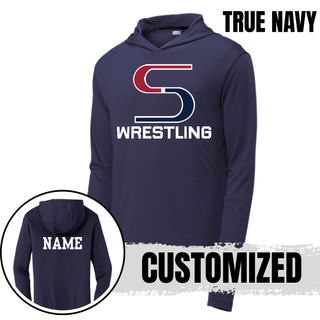 True Navy PosiCharge hooded pullover with the S Wrestling logo in white on the front and a white name on the back