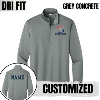 Grey Concrete PosiCharge quarter-zip with the S Wrestling logo in navy on the left chest and a navy name on the back