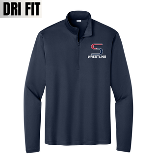 True Navy PosiCharge quarter-zip with the red and navy S Wrestling logo in white lettering on the left chest
