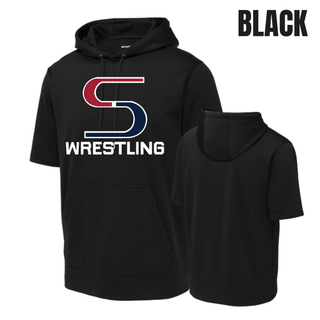 Black short sleeve hooded pullover front and back with the red and navy S mark outlined in white above Wrestling in white block lettering and a blank back
