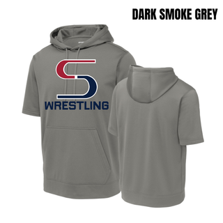 Dark smoke grey short sleeve hooded pullover front and back with the red and navy S mark above Wrestling in navy block lettering and a blank back