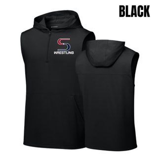 Black sleeveless hooded quarter-zip front and back with the red and navy S mark above Wrestling in white on the left chest and a blank back