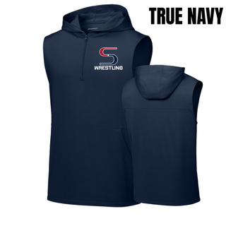 True navy sleeveless hooded quarter-zip front and back with the red and navy S mark above Wrestling in white on the left chest and a blank back