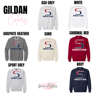 Gildan crewneck color chart showing Ash Grey, White, Graphite Heather, Sand, Cardinal Red, Sport Grey, and Navy with the red and navy S Wrestling logo