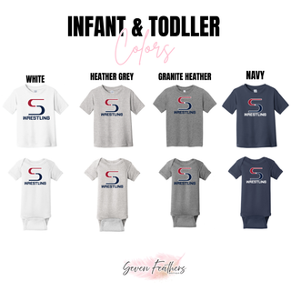 Infant and toddler color chart showing tees and bodysuits in White, Heather Grey, Granite Heather, and Navy with the red and navy S Wrestling logo
