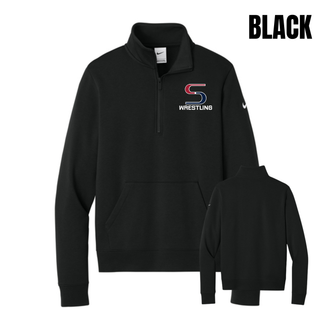 Black women's club fleece half-zip, front and back, with a small red and navy S logo and white Wrestling lettering on the left chest