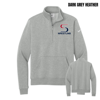 Dark Grey Heather women's club fleece half-zip, front and back, with a small red and navy S logo and navy Wrestling lettering on the left chest