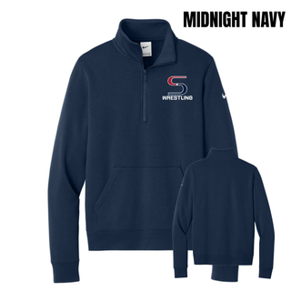Midnight Navy women's club fleece half-zip, front and back, with a small red and navy S logo and white Wrestling lettering on the left chest