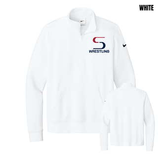 White women's club fleece half-zip, front and back, with a small red and navy S logo and navy Wrestling lettering on the left chest