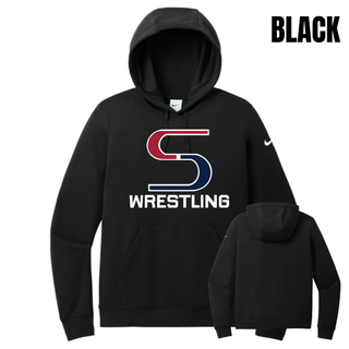 Black Nike women's club fleece pullover hoodie front and back with the red and navy S mark outlined in white above Wrestling in white and a blank back
