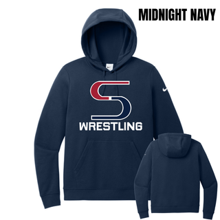 Midnight navy Nike women's club fleece pullover hoodie front and back with the red and navy S mark outlined in white above Wrestling in white and a blank back