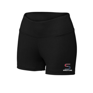 Black women's high-rise interval performance shorts with the red and navy S Wrestling logo near the hem of the leg