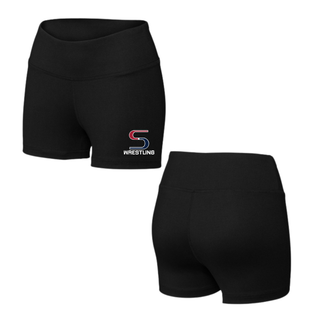 Front and back views of black women's high-rise interval performance shorts with the S Wrestling logo near the hem
