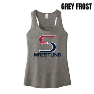 Grey frost women's racerback tank with the S Wrestling design printed in red and navy