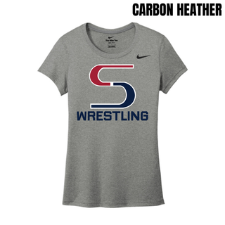Carbon heather Nike women's rLegend tee with the red and navy S mark outlined in white above Wrestling in navy block lettering