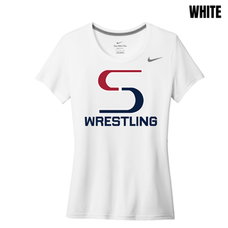 White Nike women's rLegend tee with the red and navy S mark above Wrestling in navy block lettering