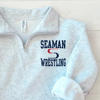 Ash Grey Jerzees cadet quarter-zip fleece with the navy Seaman, red and navy S mark and navy Wrestling stacked logo printed on the left chest
