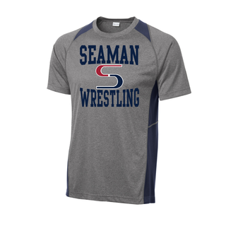 Heather grey Colorblock Contender Tee with navy shoulder and side panels and the navy and red Seaman Wrestling stacked logo on the chest